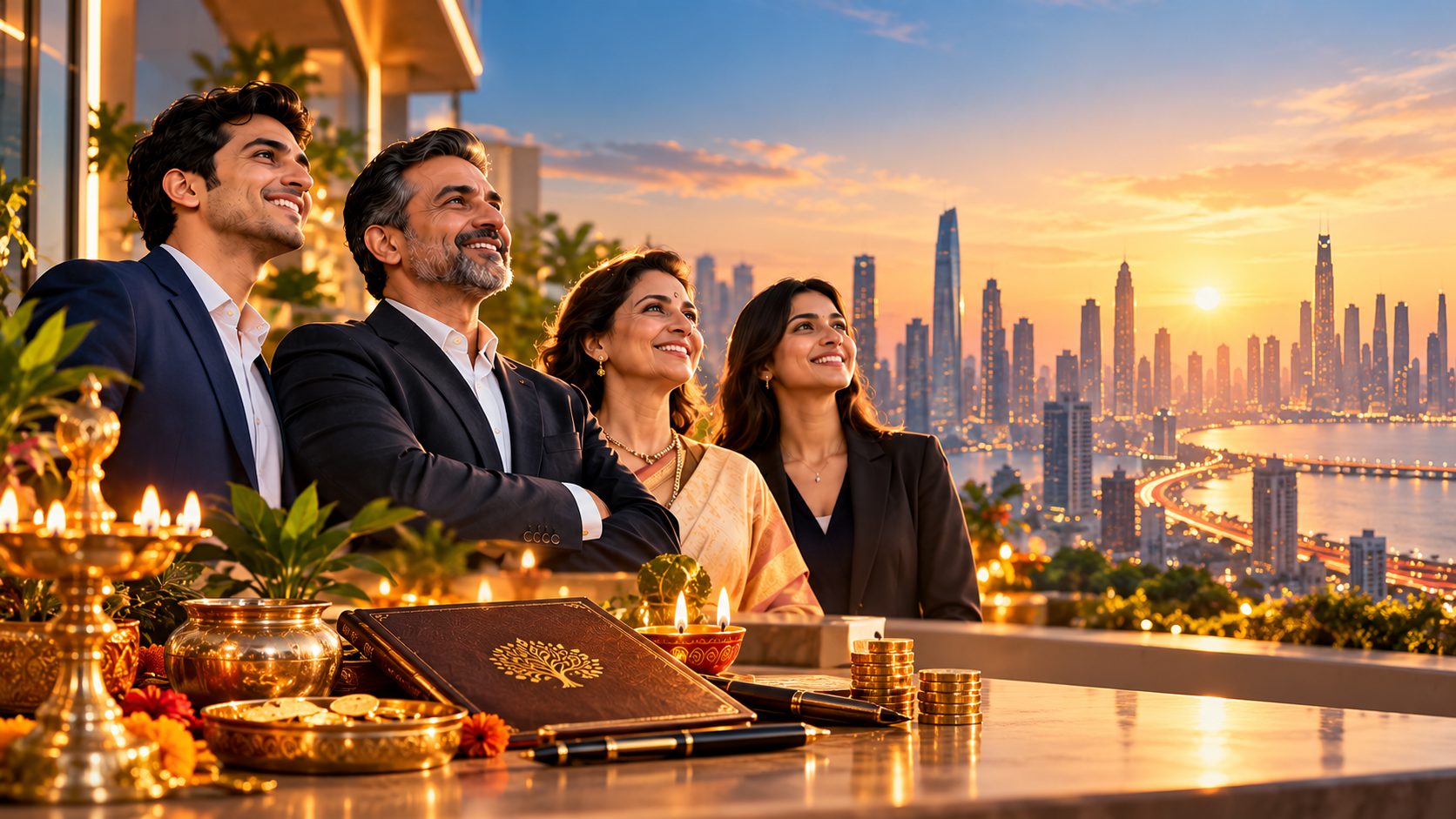 A family business owner, his son and two family members celebrating Diwali on a terrace at golden hour, with diyas, gold coins, a ledger and a city skyline.
